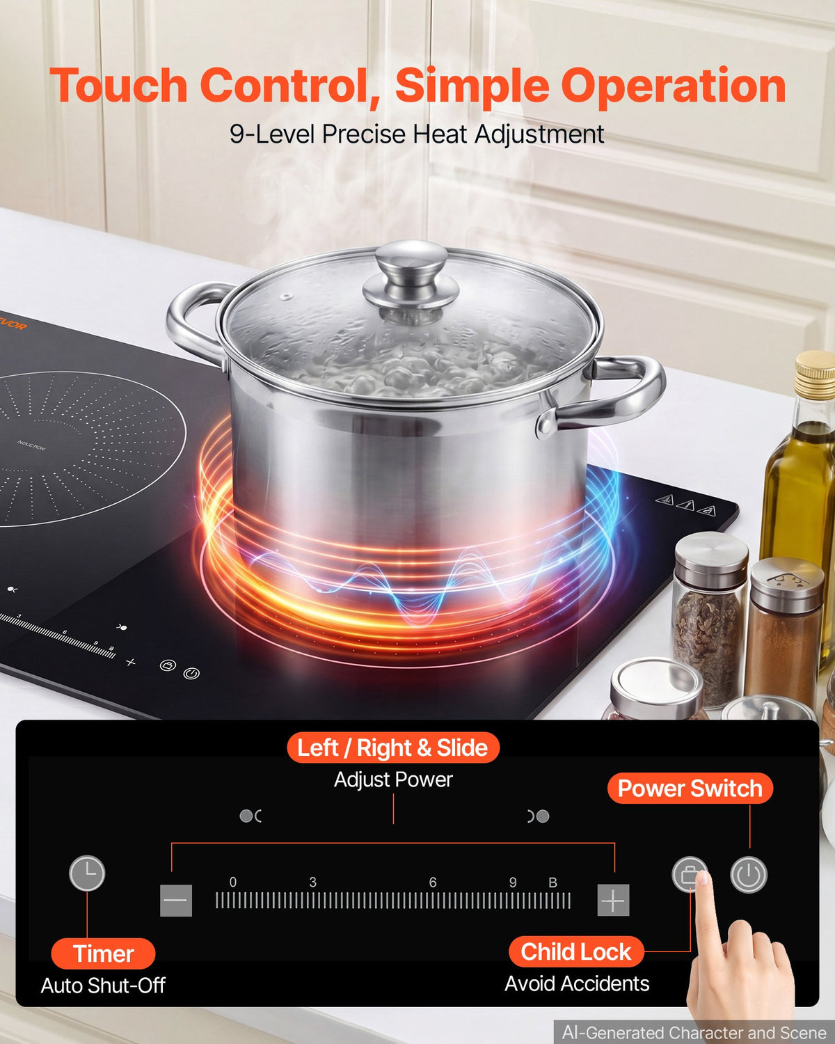 VEVOR Induction Cooktop 24inch 2 Burners Built-in Electric Stove 110V 1800W, Low-Power Continuous Heating, Induction Burner, with 9 Power Levels, LED Touch Screen, and Child Lock, for Kitchen, RV - DCL2BURNERS2Y2EQE001V1 - view 4