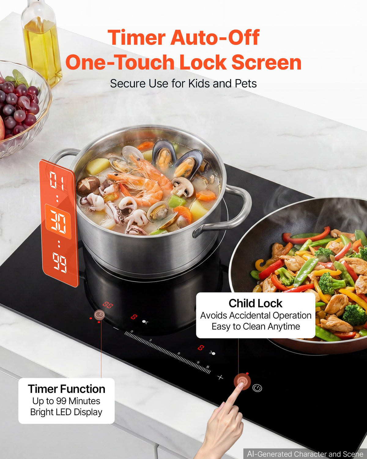 VEVOR Induction Cooktop 24inch 2 Burners Built-in Electric Stove 110V 1800W, Low-Power Continuous Heating, Induction Burner, with 9 Power Levels, LED Touch Screen, and Child Lock, for Kitchen, RV - DCL2BURNERS2Y2EQE001V1 - view 7