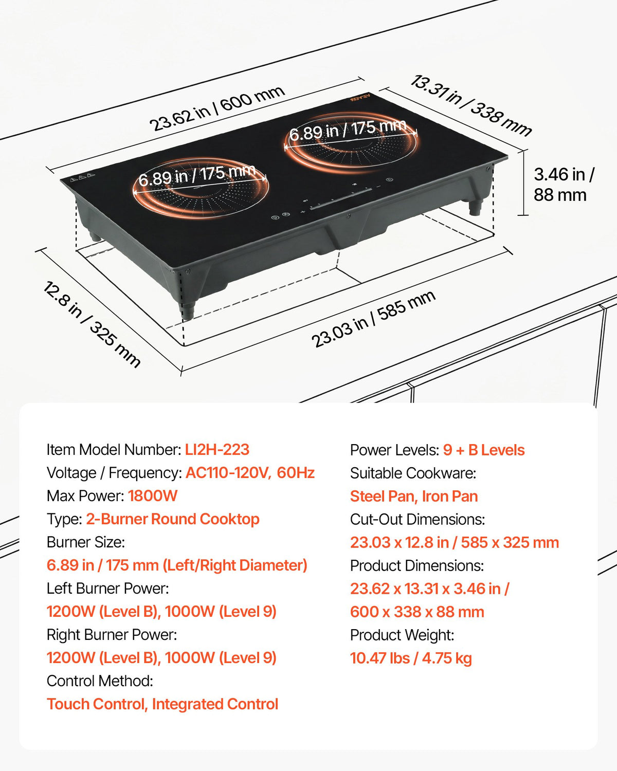 VEVOR Induction Cooktop 24inch 2 Burners Built-in Electric Stove 110V 1800W, Low-Power Continuous Heating, Induction Burner, with 9 Power Levels, LED Touch Screen, and Child Lock, for Kitchen, RV - DCL2BURNERS2Y2EQE001V1 - view 8