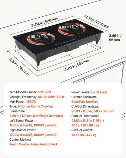 VEVOR Induction Cooktop 24inch 2 Burners Built-in Electric Stove 110V 1800W, Low-Power Continuous Heating, Induction Burner, with 9 Power Levels, LED Touch Screen, and Child Lock, for Kitchen, RV - DCL2BURNERS2Y2EQE001V1 - view 8