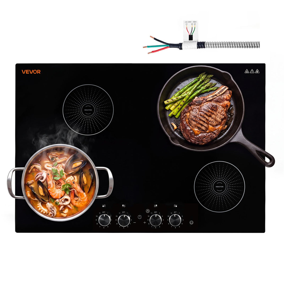VEVOR Induction Cooktop 30inch 4 Burners Built-in Electric Stove 220V 7200W, Low-Power Continuous Heating, Induction Burner for Kitchen, with 11 Power Levels, Knob Control, and Child Lock - DCL4BURNERS35KLC4001V4 - view 1