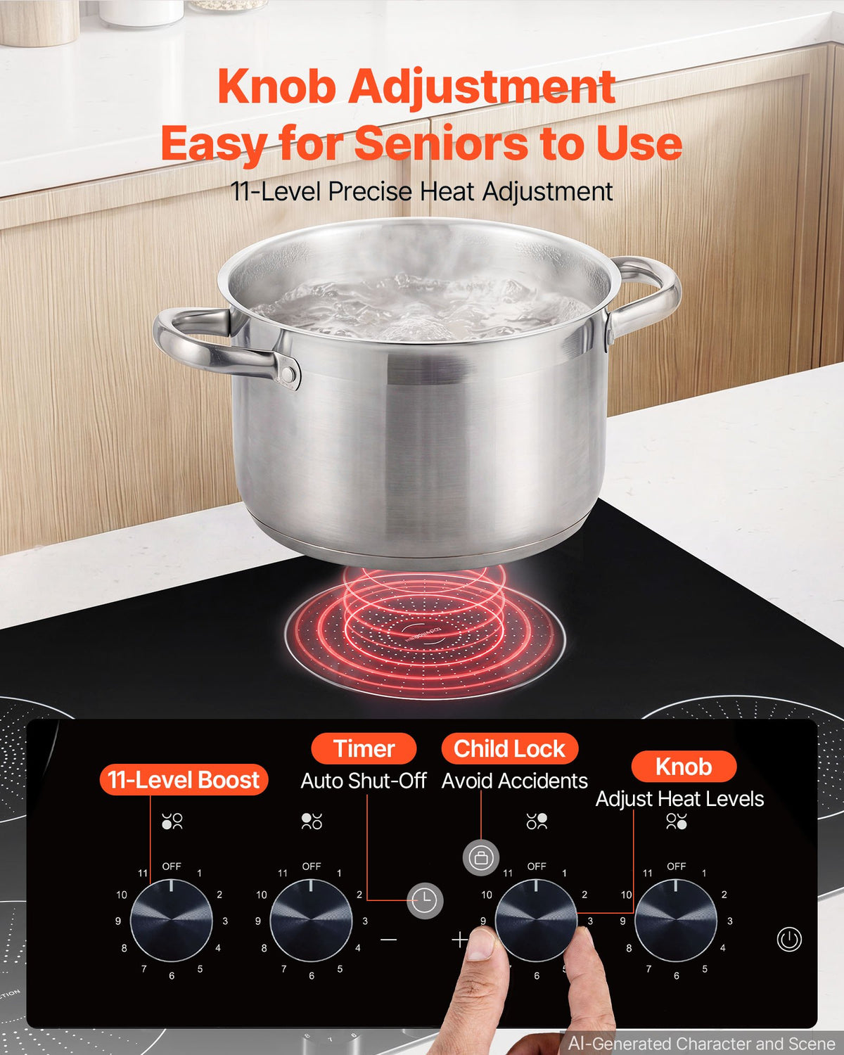 VEVOR Induction Cooktop 30inch 4 Burners Built-in Electric Stove 220V 7200W, Low-Power Continuous Heating, Induction Burner for Kitchen, with 11 Power Levels, Knob Control, and Child Lock - DCL4BURNERS35KLC4001V4 - view 4