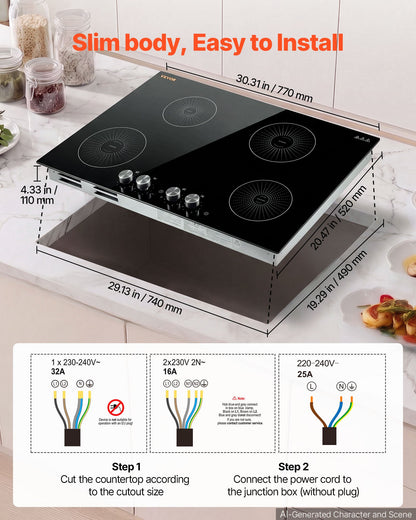 VEVOR Induction Cooktop 30inch 4 Burners Built-in Electric Stove 220V 7200W, Low-Power Continuous Heating, Induction Burner for Kitchen, with 11 Power Levels, Knob Control, and Child Lock - DCL4BURNERS35KLC4001V4 - view 6