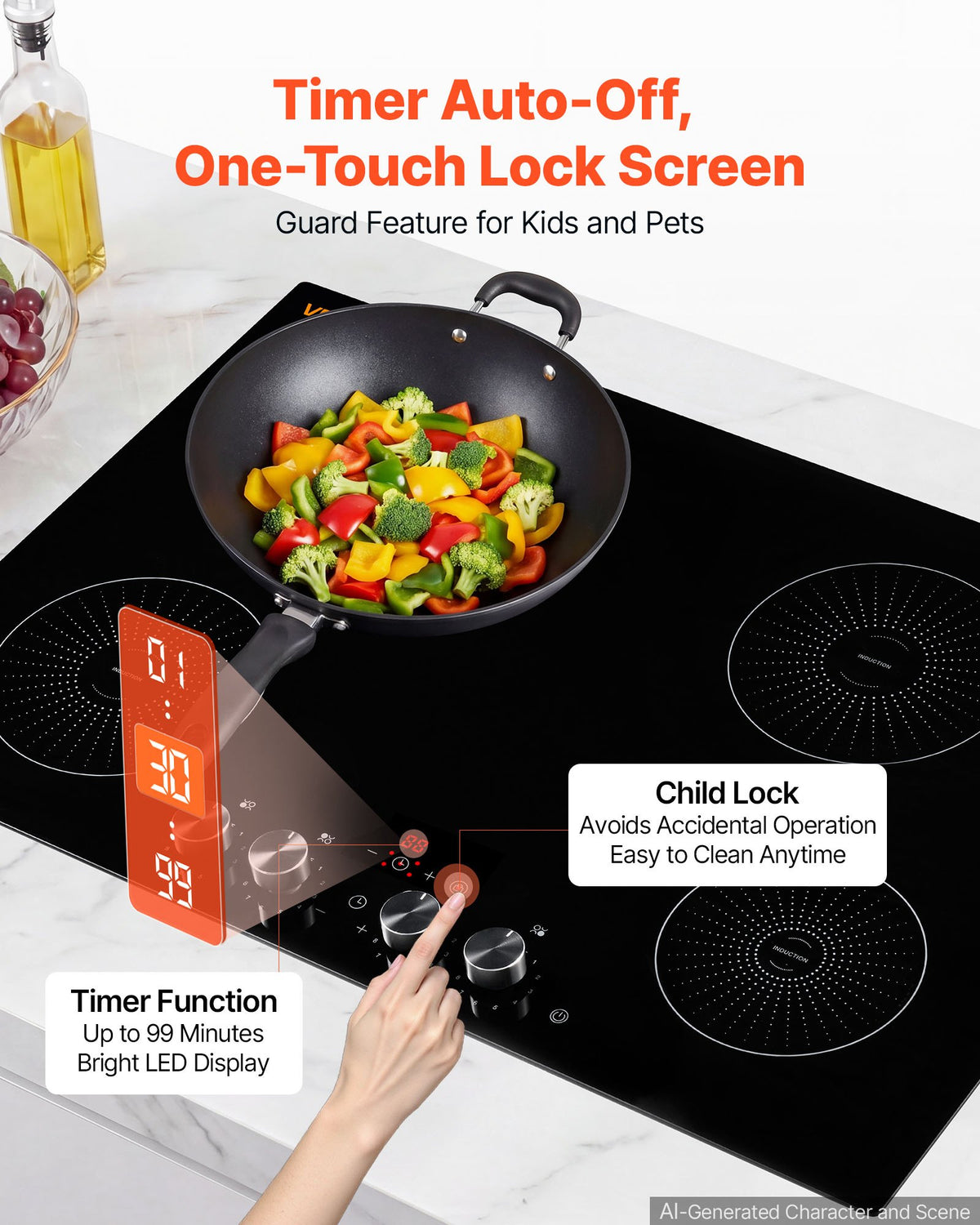 VEVOR Induction Cooktop 30inch 4 Burners Built-in Electric Stove 220V 7200W, Low-Power Continuous Heating, Induction Burner for Kitchen, with 11 Power Levels, Knob Control, and Child Lock - DCL4BURNERS35KLC4001V4 - view 7