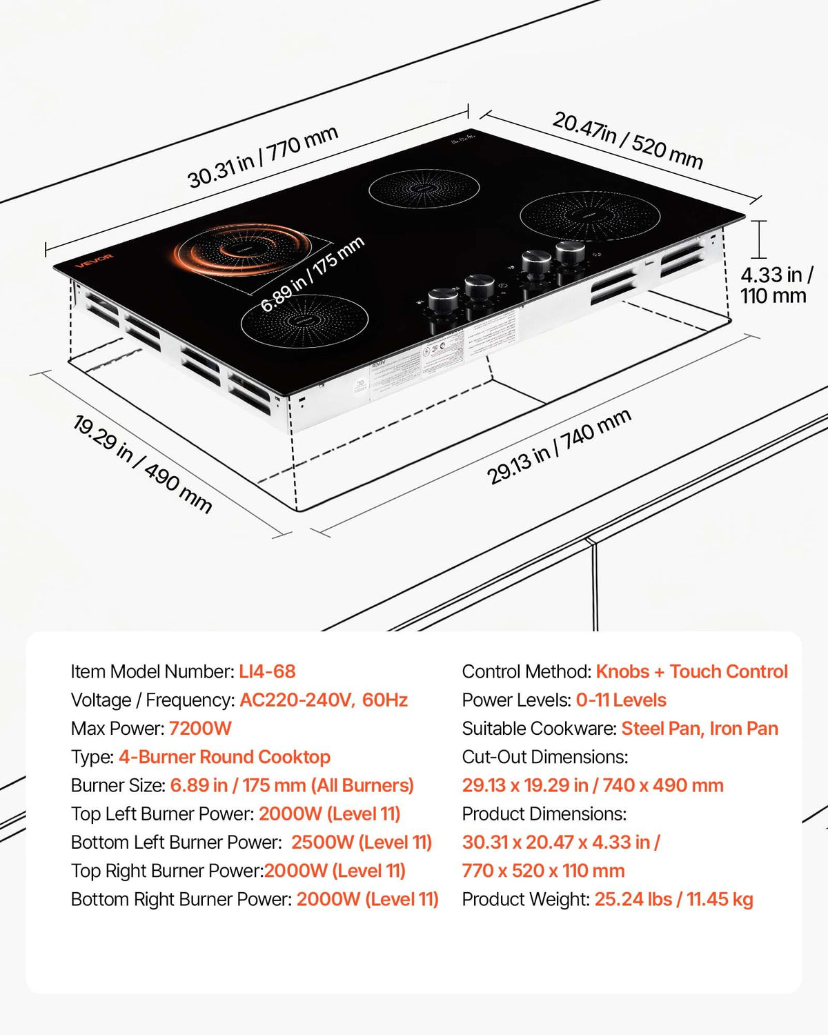 VEVOR Induction Cooktop 30inch 4 Burners Built-in Electric Stove 220V 7200W, Low-Power Continuous Heating, Induction Burner for Kitchen, with 11 Power Levels, Knob Control, and Child Lock - DCL4BURNERS35KLC4001V4 - view 8