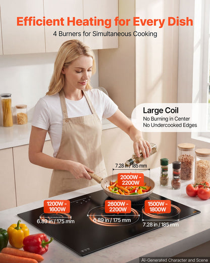 VEVOR Induction Cooktop 30inch 4 Burners Built-in Electric Stove 220V 7500W, Low-Power Continuous Heating, Induction Burner for Kitchen, with 9 Power Levels, LED Touch Screen, and Child Lock - DCL4BURNERS3GSTQA001V4 - view 3
