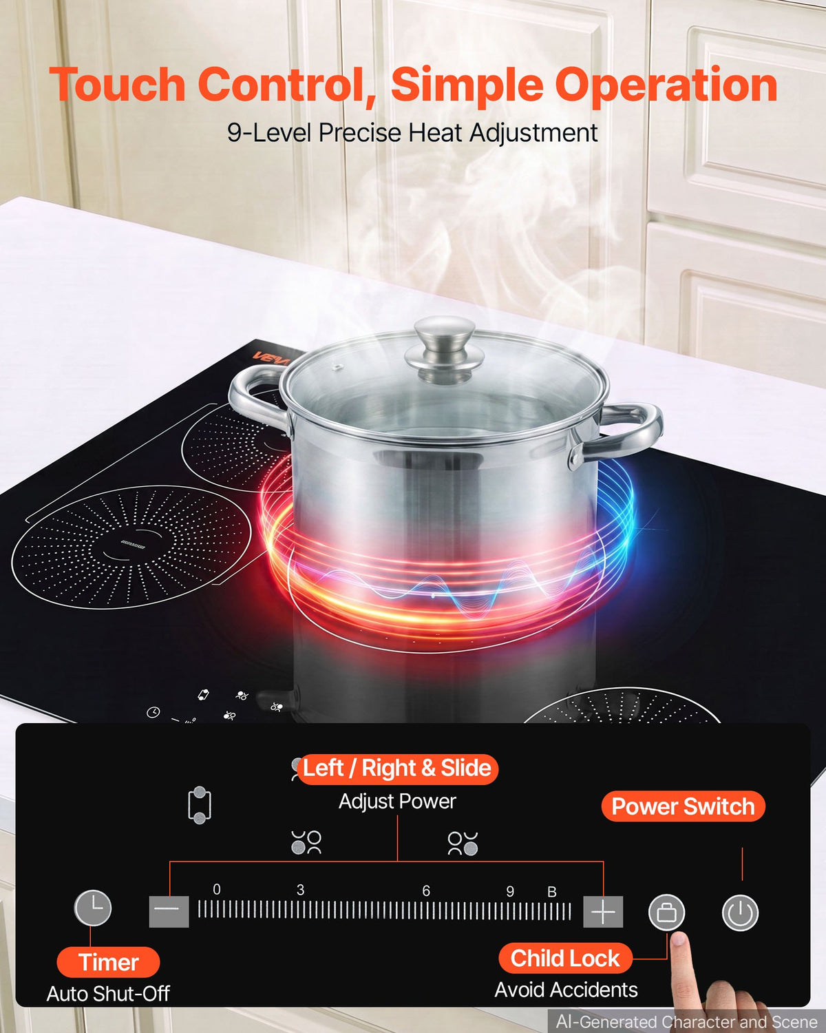 VEVOR Induction Cooktop 30inch 4 Burners Built-in Electric Stove 220V 7500W, Low-Power Continuous Heating, Induction Burner for Kitchen, with 9 Power Levels, LED Touch Screen, and Child Lock - DCL4BURNERS3GSTQA001V4 - view 4