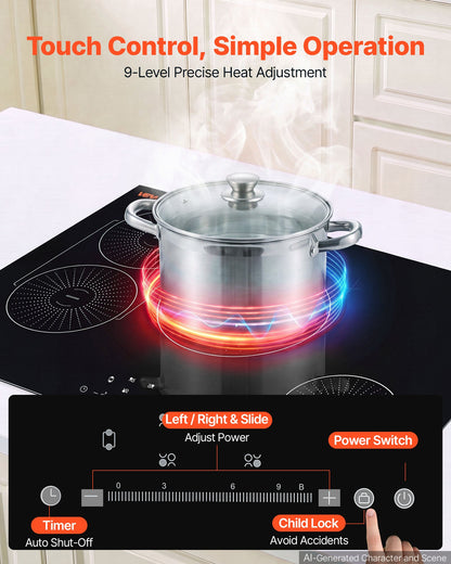 VEVOR Induction Cooktop 30inch 4 Burners Built-in Electric Stove 220V 7500W, Low-Power Continuous Heating, Induction Burner for Kitchen, with 9 Power Levels, LED Touch Screen, and Child Lock - DCL4BURNERS3GSTQA001V4 - view 4
