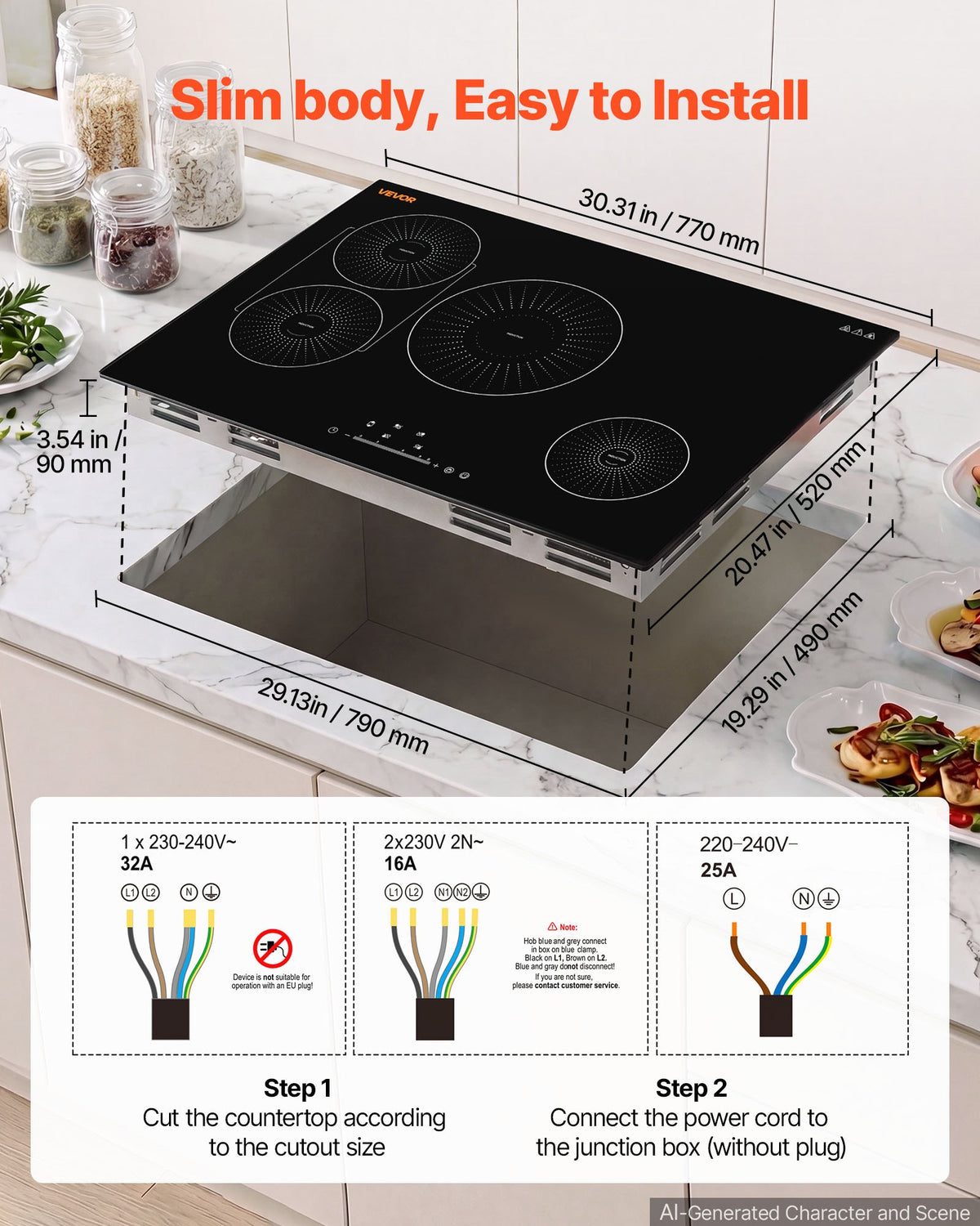 VEVOR Induction Cooktop 30inch 4 Burners Built-in Electric Stove 220V 7500W, Low-Power Continuous Heating, Induction Burner for Kitchen, with 9 Power Levels, LED Touch Screen, and Child Lock - DCL4BURNERS3GSTQA001V4 - view 6