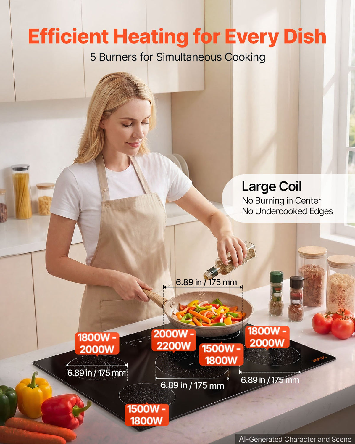 VEVOR Induction Cooktop 30in 5 Burners Built-in Electric Stove 220V 9200W, Low-Power Continuous Heating, Induction Burner for Kitchen, 9 Power Levels, LED Touch Screen, Ceramic Glass, Child Lock - DCL5GL30INCH6RC5W001V4 - view 3
