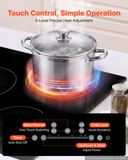 VEVOR Induction Cooktop 30in 5 Burners Built-in Electric Stove 220V 9200W, Low-Power Continuous Heating, Induction Burner for Kitchen, 9 Power Levels, LED Touch Screen, Ceramic Glass, Child Lock - DCL5GL30INCH6RC5W001V4 - view 4