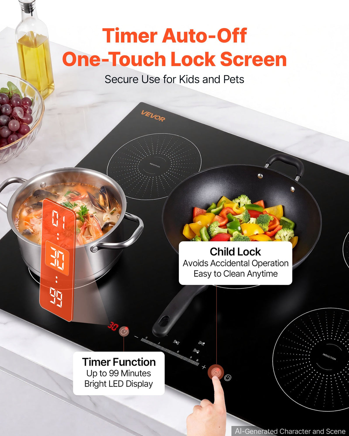 VEVOR Induction Cooktop 30in 5 Burners Built-in Electric Stove 220V 9200W, Low-Power Continuous Heating, Induction Burner for Kitchen, 9 Power Levels, LED Touch Screen, Ceramic Glass, Child Lock - DCL5GL30INCH6RC5W001V4 - view 7