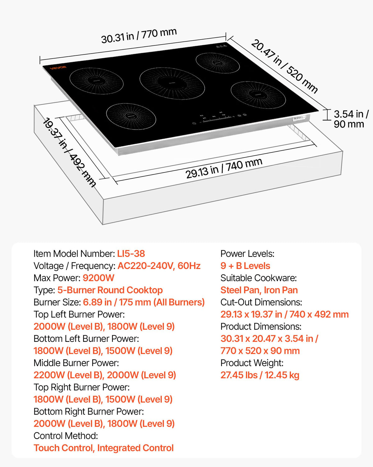 VEVOR Induction Cooktop 30in 5 Burners Built-in Electric Stove 220V 9200W, Low-Power Continuous Heating, Induction Burner for Kitchen, 9 Power Levels, LED Touch Screen, Ceramic Glass, Child Lock - DCL5GL30INCH6RC5W001V4 - view 8