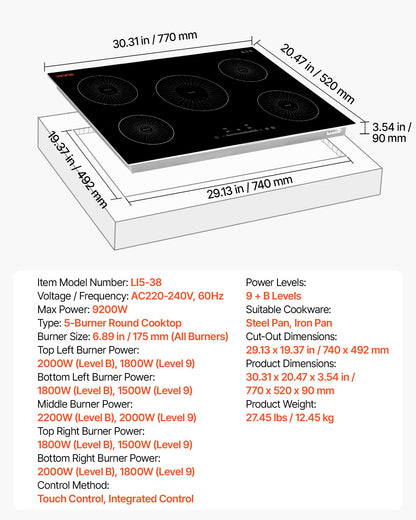 VEVOR Induction Cooktop 30in 5 Burners Built-in Electric Stove 220V 9200W, Low-Power Continuous Heating, Induction Burner for Kitchen, 9 Power Levels, LED Touch Screen, Ceramic Glass, Child Lock - DCL5GL30INCH6RC5W001V4 - view 8