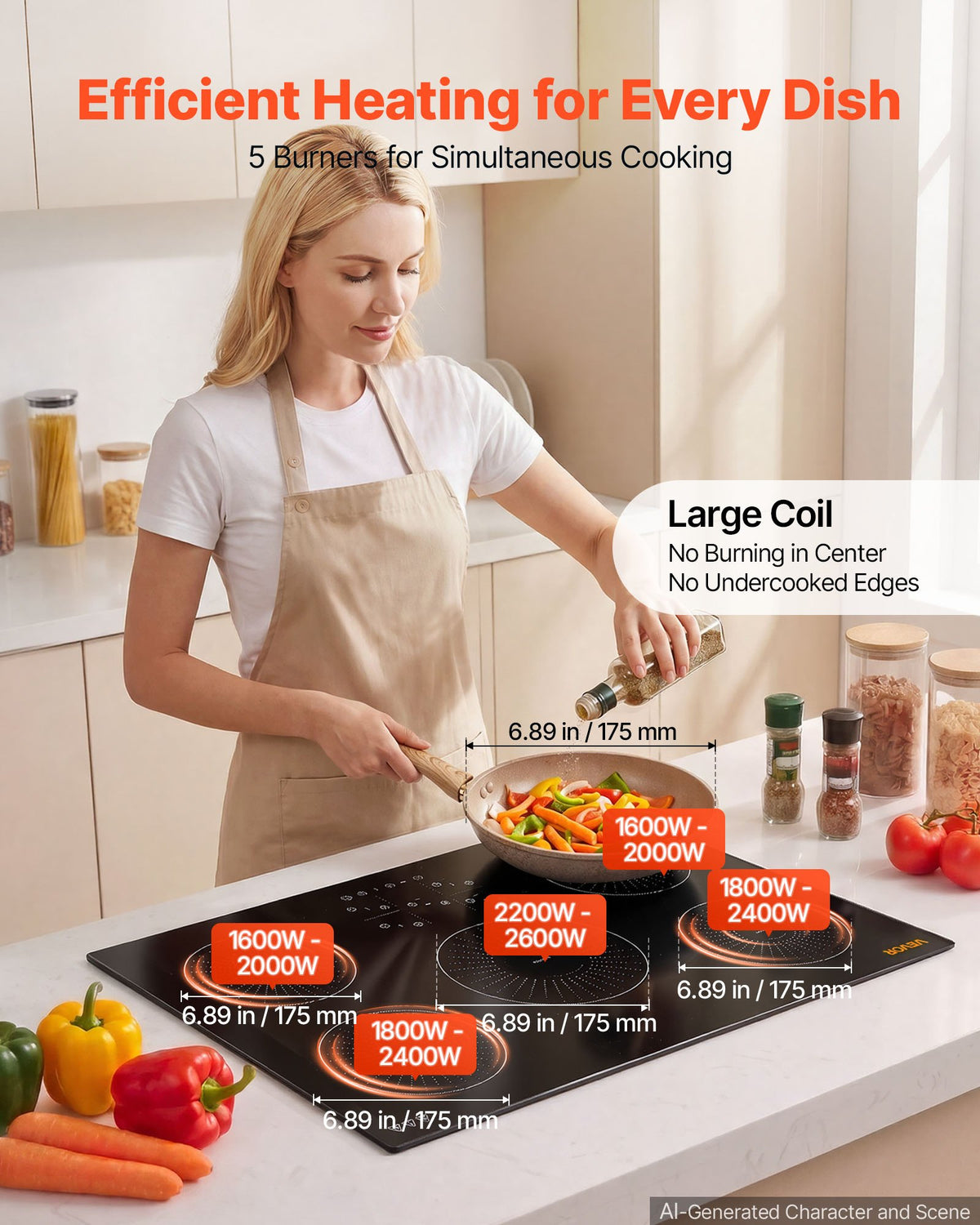VEVOR Induction Cooktop 36in 5 Burners Built-in Electric Stove 220V 9200W, Low-Power Continuous Heating, Induction Burner for Kitchen, 9 Power Levels, LED Touch Screen, Ceramic Glass, and Child Lock - DCL5GL36INCHHOZ7G001V4 - view 3