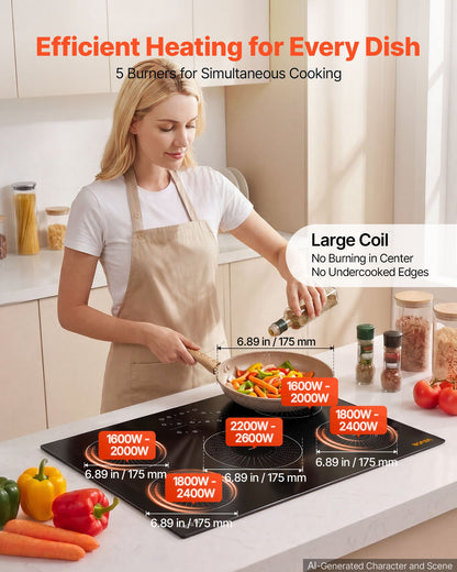 VEVOR Induction Cooktop 36in 5 Burners Built-in Electric Stove 220V 9200W, Low-Power Continuous Heating, Induction Burner for Kitchen, 9 Power Levels, LED Touch Screen, Ceramic Glass, and Child Lock - DCL5GL36INCHHOZ7G001V4 - view 3
