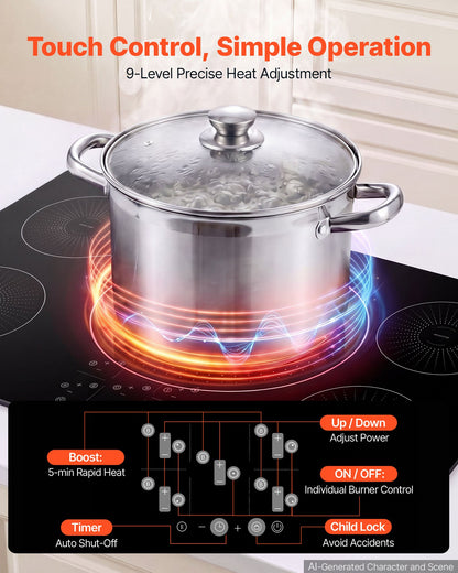 VEVOR Induction Cooktop 36in 5 Burners Built-in Electric Stove 220V 9200W, Low-Power Continuous Heating, Induction Burner for Kitchen, 9 Power Levels, LED Touch Screen, Ceramic Glass, and Child Lock - DCL5GL36INCHHOZ7G001V4 - view 4