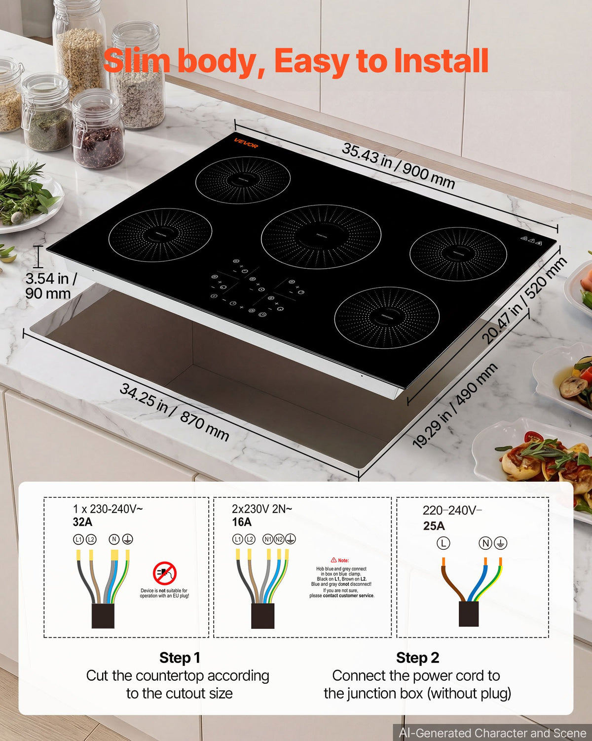 VEVOR Induction Cooktop 36in 5 Burners Built-in Electric Stove 220V 9200W, Low-Power Continuous Heating, Induction Burner for Kitchen, 9 Power Levels, LED Touch Screen, Ceramic Glass, and Child Lock - DCL5GL36INCHHOZ7G001V4 - view 6