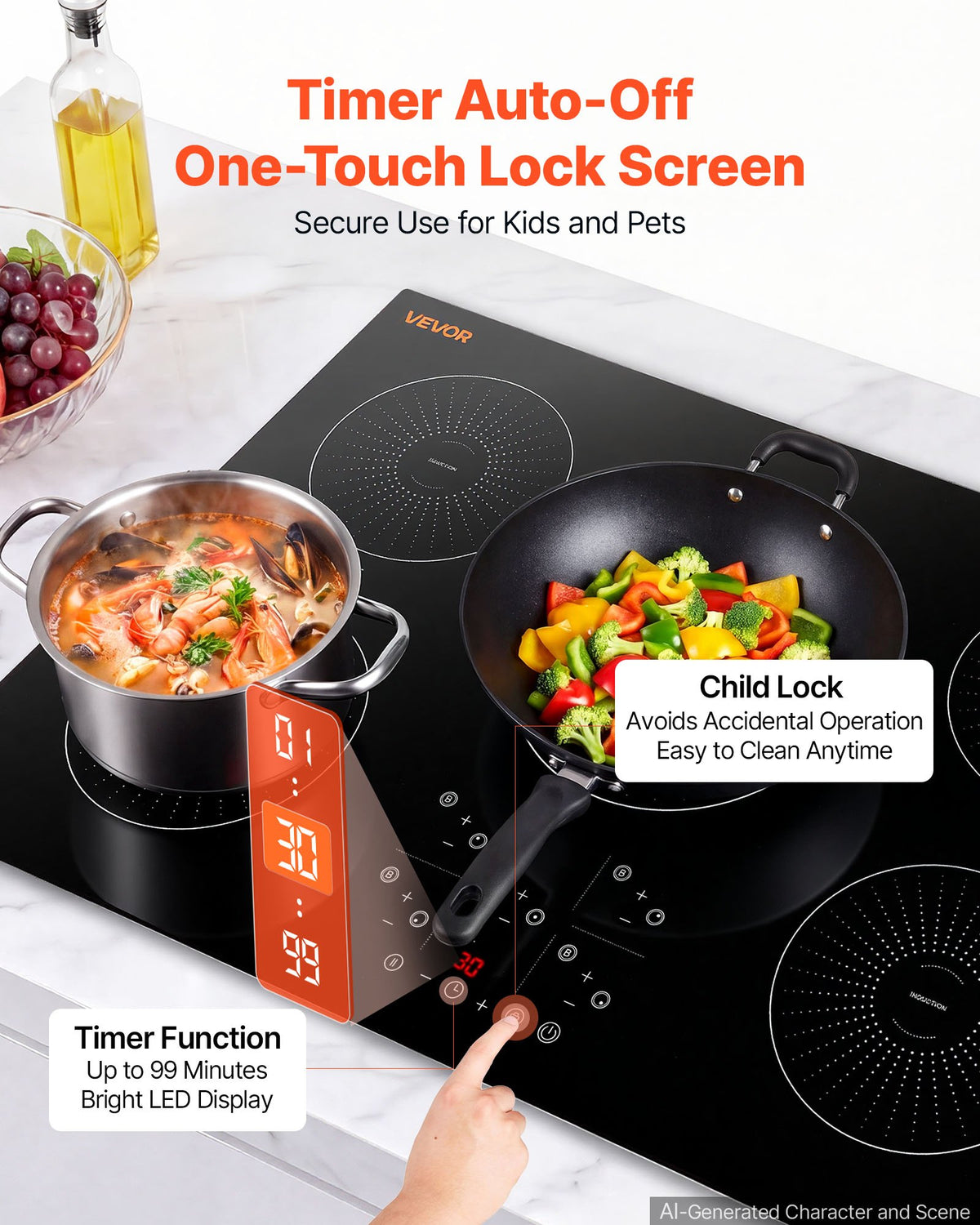 VEVOR Induction Cooktop 36in 5 Burners Built-in Electric Stove 220V 9200W, Low-Power Continuous Heating, Induction Burner for Kitchen, 9 Power Levels, LED Touch Screen, Ceramic Glass, and Child Lock - DCL5GL36INCHHOZ7G001V4 - view 7