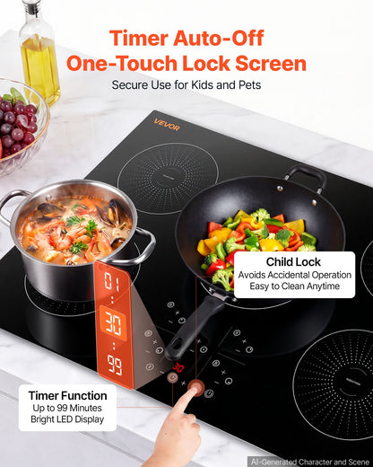 VEVOR Induction Cooktop 36in 5 Burners Built-in Electric Stove 220V 9200W, Low-Power Continuous Heating, Induction Burner for Kitchen, 9 Power Levels, LED Touch Screen, Ceramic Glass, and Child Lock - DCL5GL36INCHHOZ7G001V4 - view 7