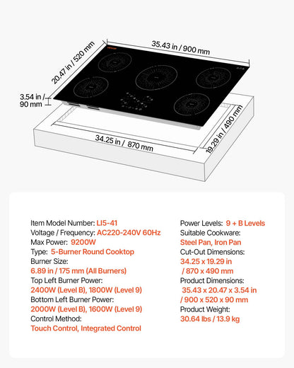 VEVOR Induction Cooktop 36in 5 Burners Built-in Electric Stove 220V 9200W, Low-Power Continuous Heating, Induction Burner for Kitchen, 9 Power Levels, LED Touch Screen, Ceramic Glass, and Child Lock - DCL5GL36INCHHOZ7G001V4 - view 8