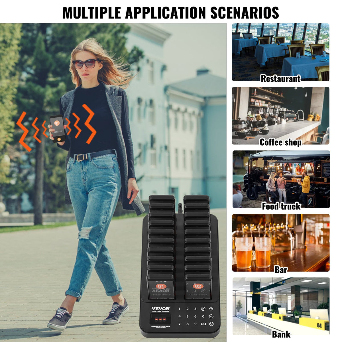 VEVOR Restaurant Pager System, Wireless 400m Long Range Lineup Waiting Queue Signal, Guest Customer Calling Beepers with Vibration & Flashing, 20 Buzzers for Food Truck, Church, Nursery, Hospital - DCPQCQDRCPFX0K4QAV1 - view 7