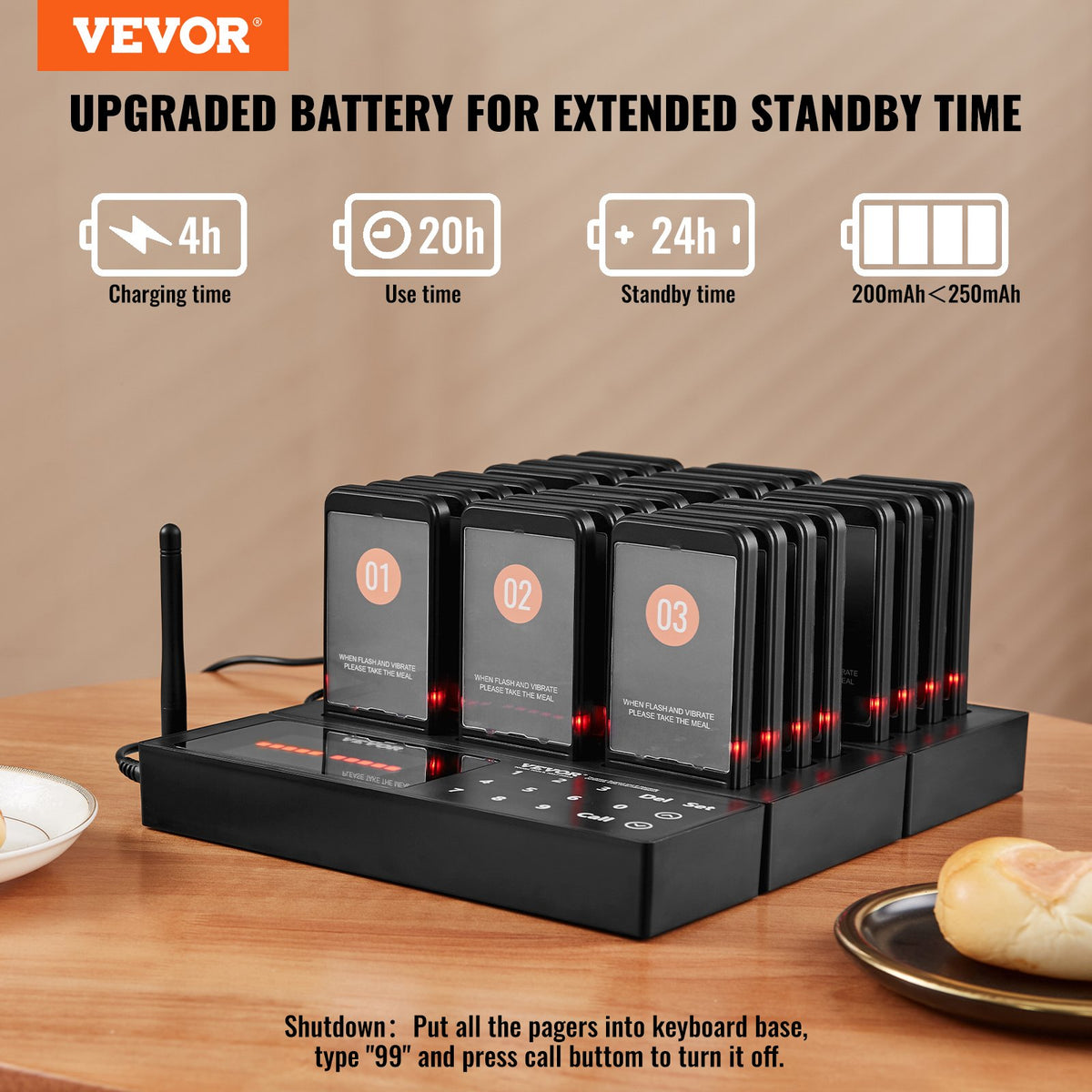 VEVOR Restaurant Pager System, Wireless 400m Long Range Lineup Waiting Queue Signal, Guest Customer Calling Beepers with Vibration & Flashing, 24 Buzzers for Food Truck, Church, Nursery, Hospital - DCPQCQDRCPFXR4K62V1 - view 3