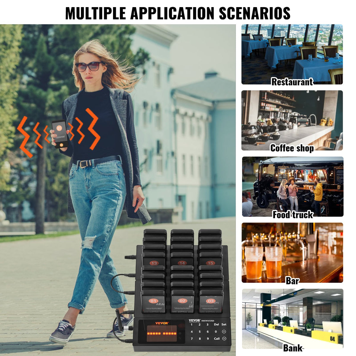 VEVOR Restaurant Pager System, Wireless 400m Long Range Lineup Waiting Queue Signal, Guest Customer Calling Beepers with Vibration & Flashing, 24 Buzzers for Food Truck, Church, Nursery, Hospital - DCPQCQDRCPFXR4K62V1 - view 7