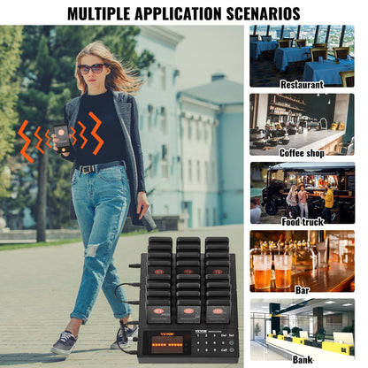VEVOR Restaurant Pager System, Wireless 400m Long Range Lineup Waiting Queue Signal, Guest Customer Calling Beepers with Vibration & Flashing, 24 Buzzers for Food Truck, Church, Nursery, Hospital - DCPQCQDRCPFXR4K62V1 - view 7