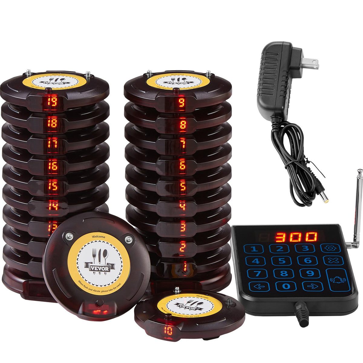 VEVOR Restaurant Pager System, Wireless 500m Long Range Lineup Waiting Queue Signal, Guest Customer Calling Beepers with Vibration & Flashing, 20 Buzzers for Food Truck, Church, Nursery, Hospital - DCPQCQDRCPYXD4Z5MV1 - view 1