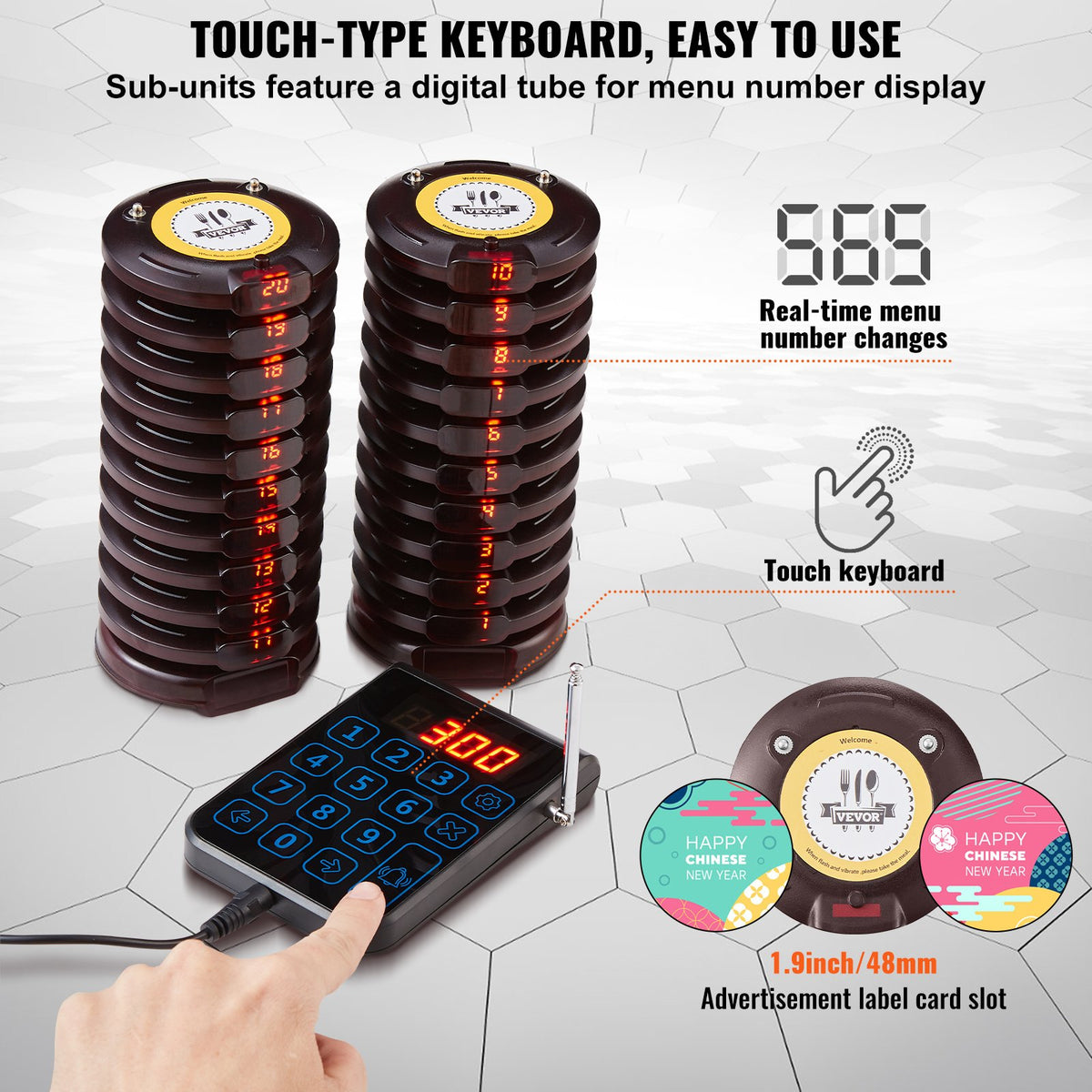 VEVOR Restaurant Pager System, Wireless 500m Long Range Lineup Waiting Queue Signal, Guest Customer Calling Beepers with Vibration & Flashing, 20 Buzzers for Food Truck, Church, Nursery, Hospital - DCPQCQDRCPYXD4Z5MV1 - view 4