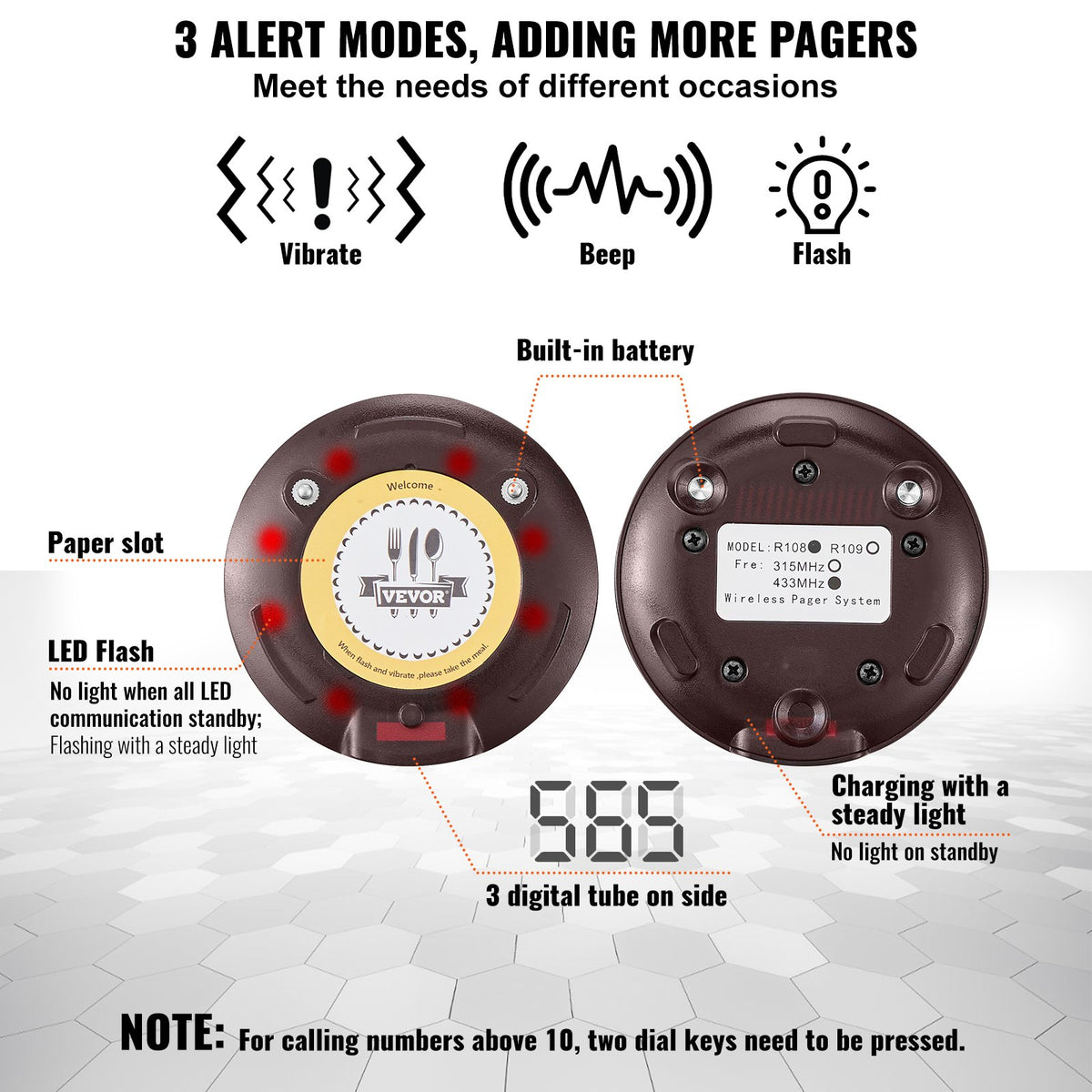 VEVOR Restaurant Pager System, Wireless 500m Long Range Lineup Waiting Queue Signal, Guest Customer Calling Beepers with Vibration & Flashing, 20 Buzzers for Food Truck, Church, Nursery, Hospital - DCPQCQDRCPYXD4Z5MV1 - view 5