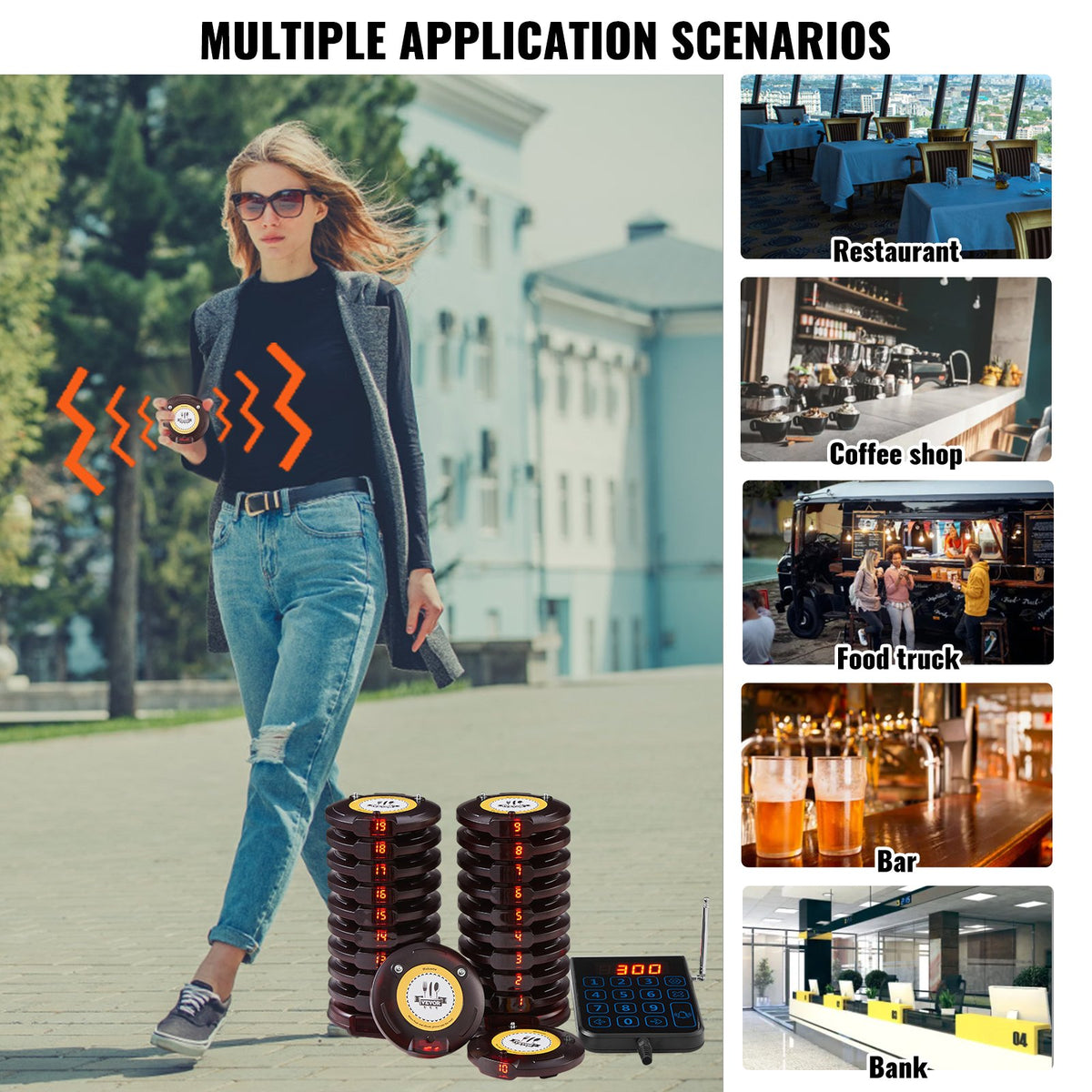 VEVOR Restaurant Pager System, Wireless 500m Long Range Lineup Waiting Queue Signal, Guest Customer Calling Beepers with Vibration & Flashing, 20 Buzzers for Food Truck, Church, Nursery, Hospital - DCPQCQDRCPYXD4Z5MV1 - view 7