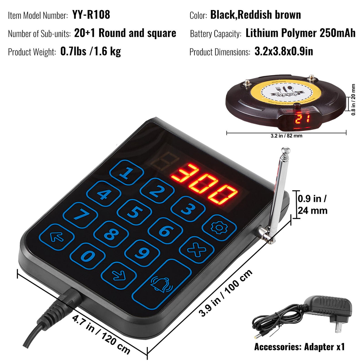 VEVOR Restaurant Pager System, Wireless 500m Long Range Lineup Waiting Queue Signal, Guest Customer Calling Beepers with Vibration & Flashing, 20 Buzzers for Food Truck, Church, Nursery, Hospital - DCPQCQDRCPYXD4Z5MV1 - view 8