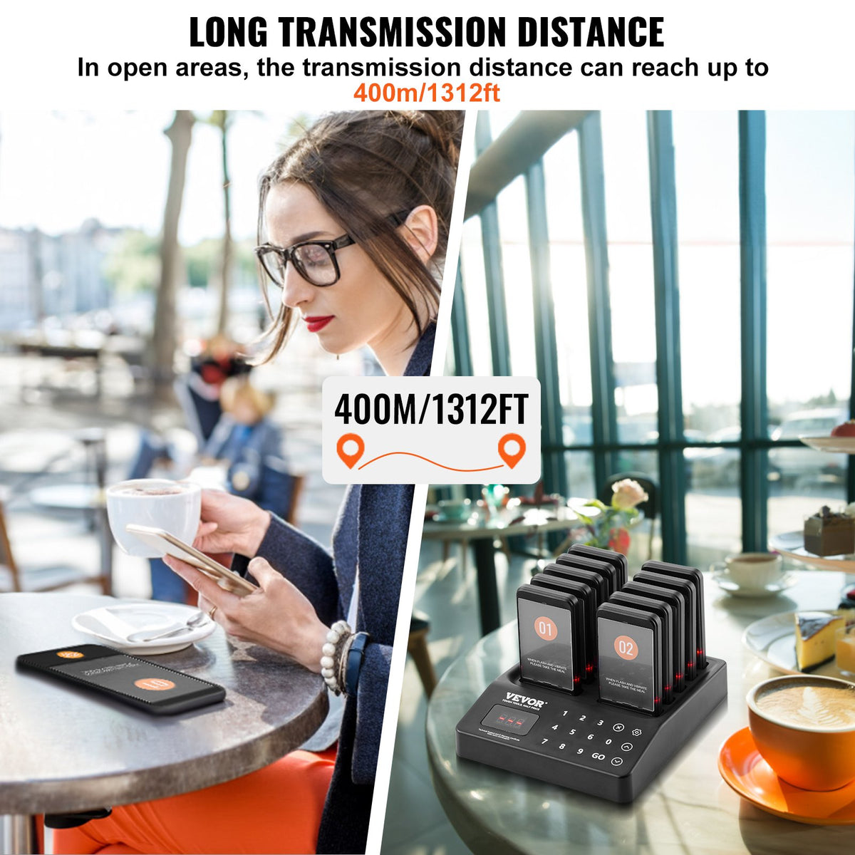 VEVOR Restaurant Pager System, Wireless 400m Long Range Lineup Waiting Queue Signal, Guest Customer Calling Beepers with Vibration & Flashing, 10 Buzzers for Food Truck, Church, Nursery, Hospital - DCPQCQFX10HSUWM3LV1 - view 6