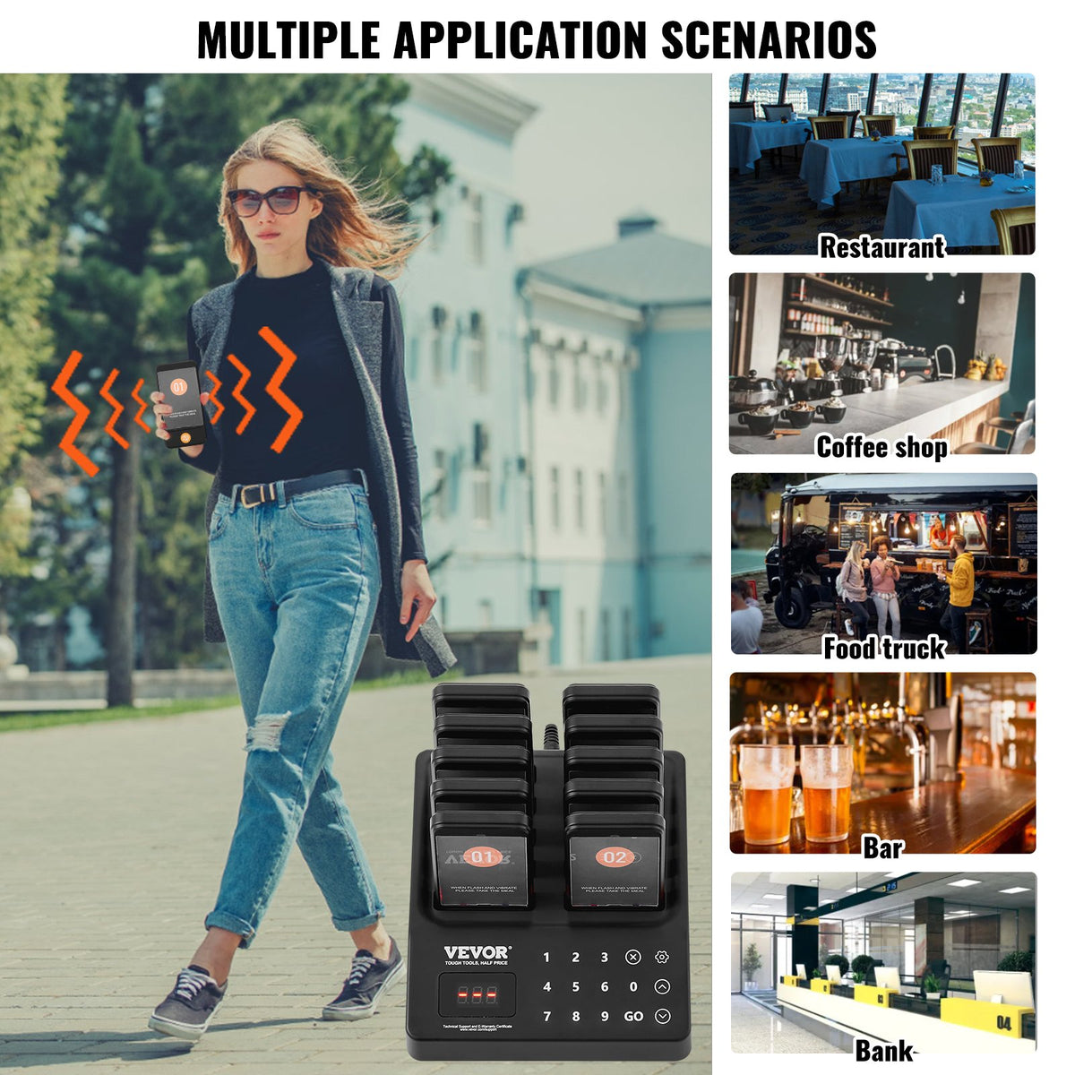 VEVOR Restaurant Pager System, Wireless 400m Long Range Lineup Waiting Queue Signal, Guest Customer Calling Beepers with Vibration & Flashing, 10 Buzzers for Food Truck, Church, Nursery, Hospital - DCPQCQFX10HSUWM3LV1 - view 7