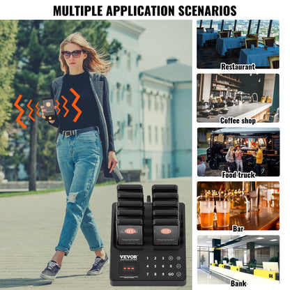 VEVOR Restaurant Pager System, Wireless 400m Long Range Lineup Waiting Queue Signal, Guest Customer Calling Beepers with Vibration & Flashing, 10 Buzzers for Food Truck, Church, Nursery, Hospital - DCPQCQFX10HSUWM3LV1 - view 7