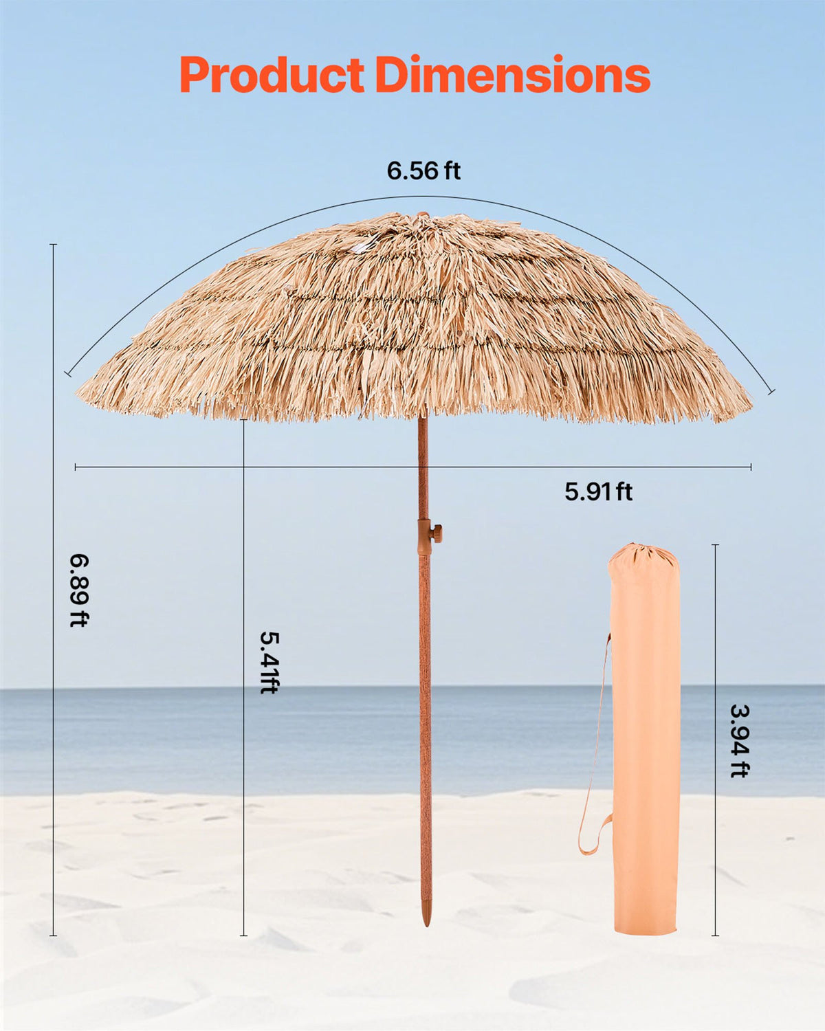 VEVOR Tiki Umbrella, 6.5 ft Thatched Patio Umbrella with Tilt, Hawaiian Style Beach Parasol with Durable PP Thatch and 8 Metal Ribs, Grass Pool Umbrellas for Beach, Patio, Poolside, Backyard & Garden - DCS65FTKQXJDXK1EI001V0 - view 4