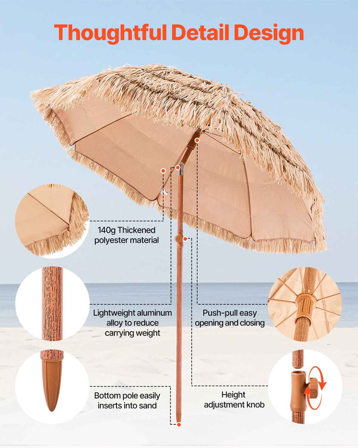 VEVOR Tiki Umbrella, 6.5 ft Thatched Patio Umbrella with Tilt, Hawaiian Style Beach Parasol with Durable PP Thatch and 8 Metal Ribs, Grass Pool Umbrellas for Beach, Patio, Poolside, Backyard & Garden - DCS65FTKQXJDXK1EI001V0 - view 8