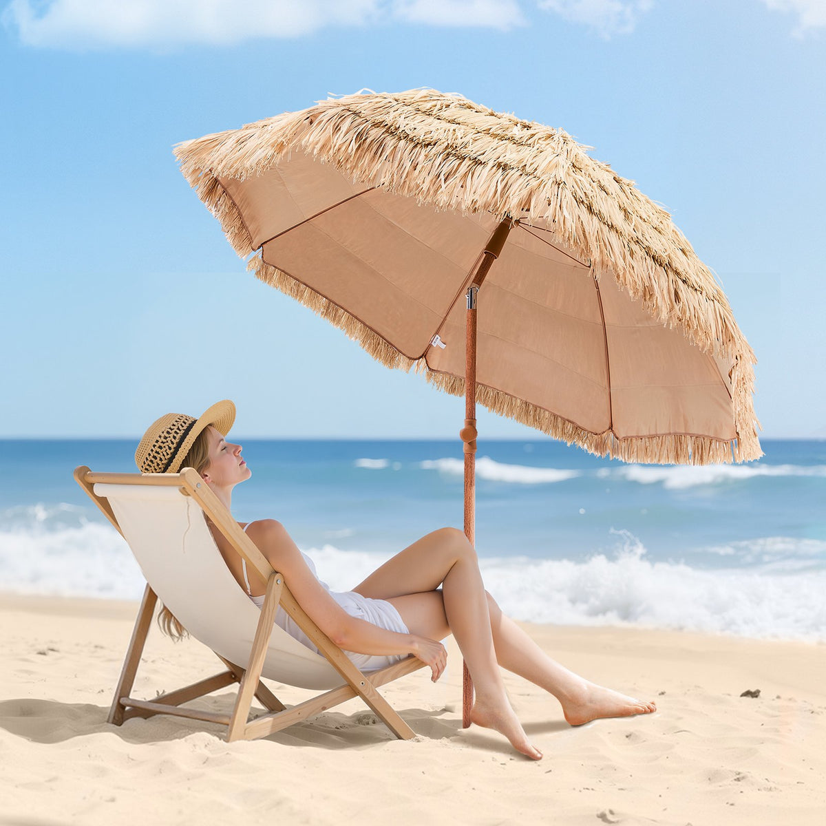 VEVOR Tiki Umbrella, 6.5 ft Thatched Patio Umbrella with Tilt, Hawaiian Style Beach Parasol with Durable PP Thatch and 8 Metal Ribs, Grass Pool Umbrellas for Beach, Patio, Poolside, Backyard & Garden - DCS65FTKQXJDXK1EI001V0 - view 9
