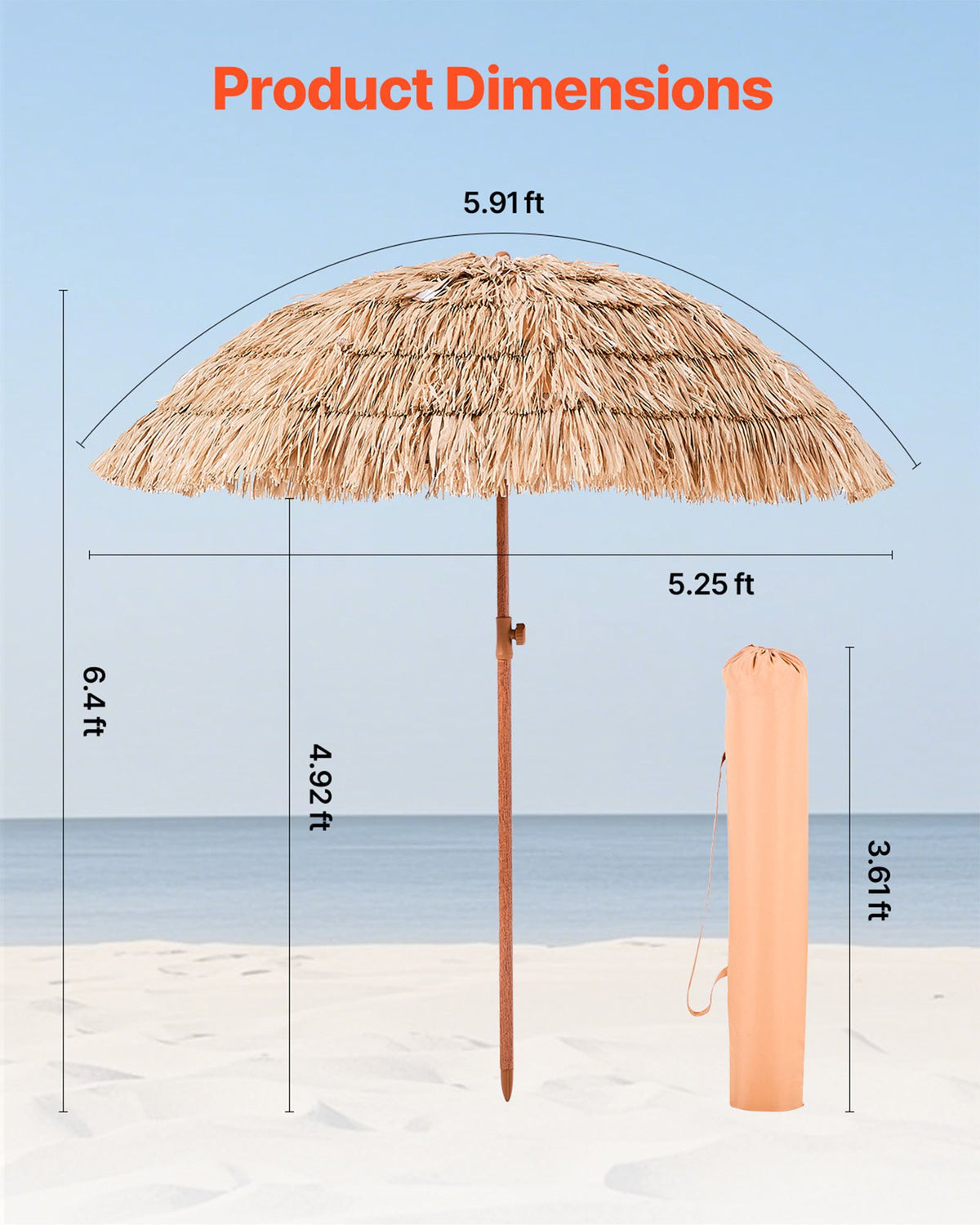 VEVOR Tiki Umbrella, 6 ft Thatched Patio Umbrella with Tilt, Hawaiian Style Beach Parasol with Durable PP Thatch and 8 Metal Ribs, Grass Pool Umbrellas for Beach, Patio, Poolside, Backyard & Garden - DCS6FTKQXJD0RFKVR001V0 - view 4