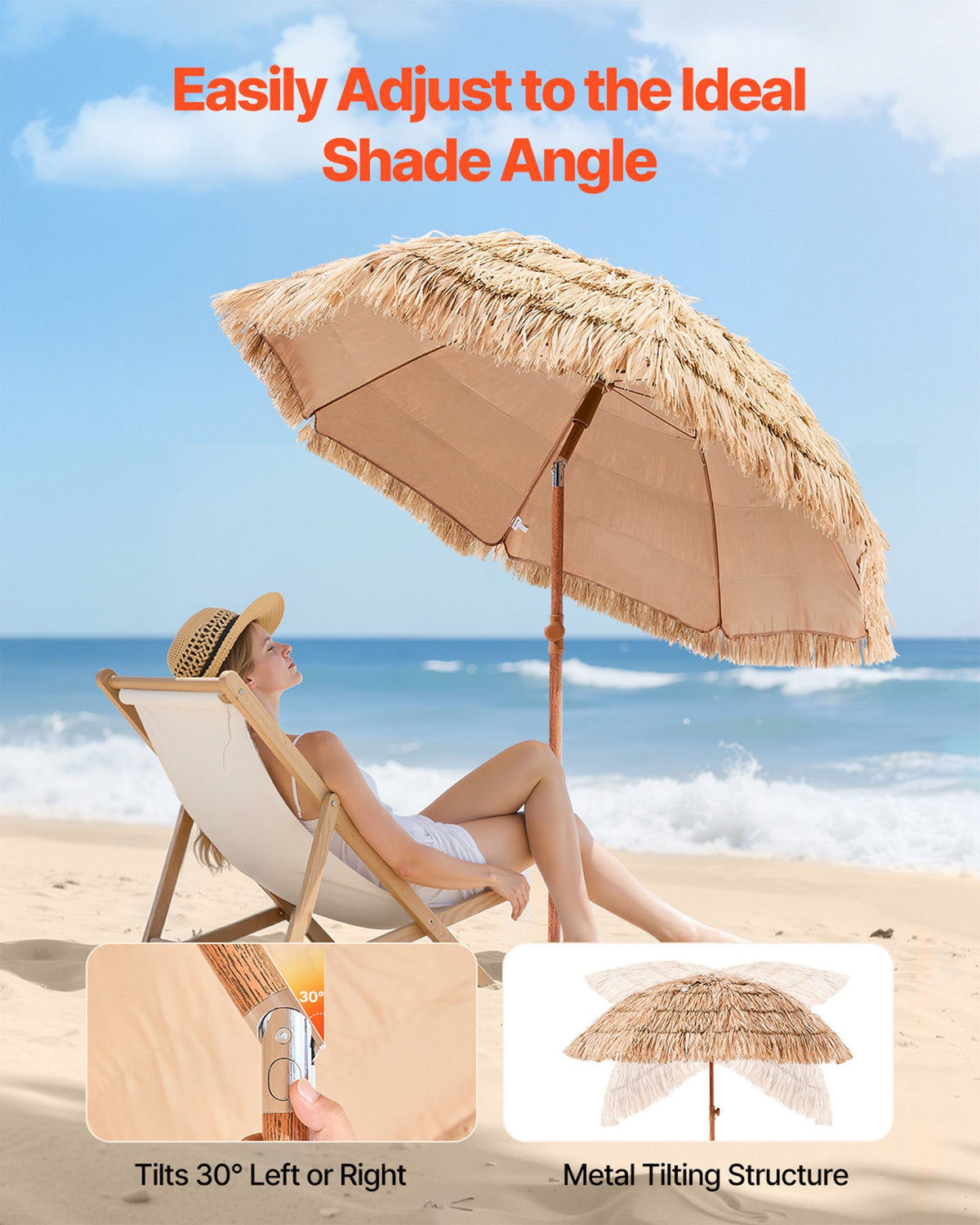 VEVOR Tiki Umbrella, 6 ft Thatched Patio Umbrella with Tilt, Hawaiian Style Beach Parasol with Durable PP Thatch and 8 Metal Ribs, Grass Pool Umbrellas for Beach, Patio, Poolside, Backyard & Garden - DCS6FTKQXJD0RFKVR001V0 - view 5