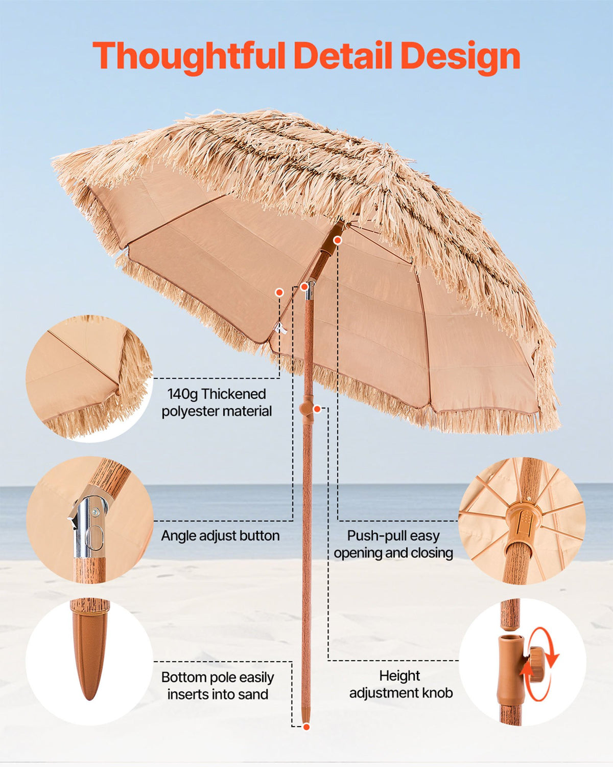 VEVOR Tiki Umbrella, 6 ft Thatched Patio Umbrella with Tilt, Hawaiian Style Beach Parasol with Durable PP Thatch and 8 Metal Ribs, Grass Pool Umbrellas for Beach, Patio, Poolside, Backyard & Garden - DCS6FTKQXJD0RFKVR001V0 - view 8