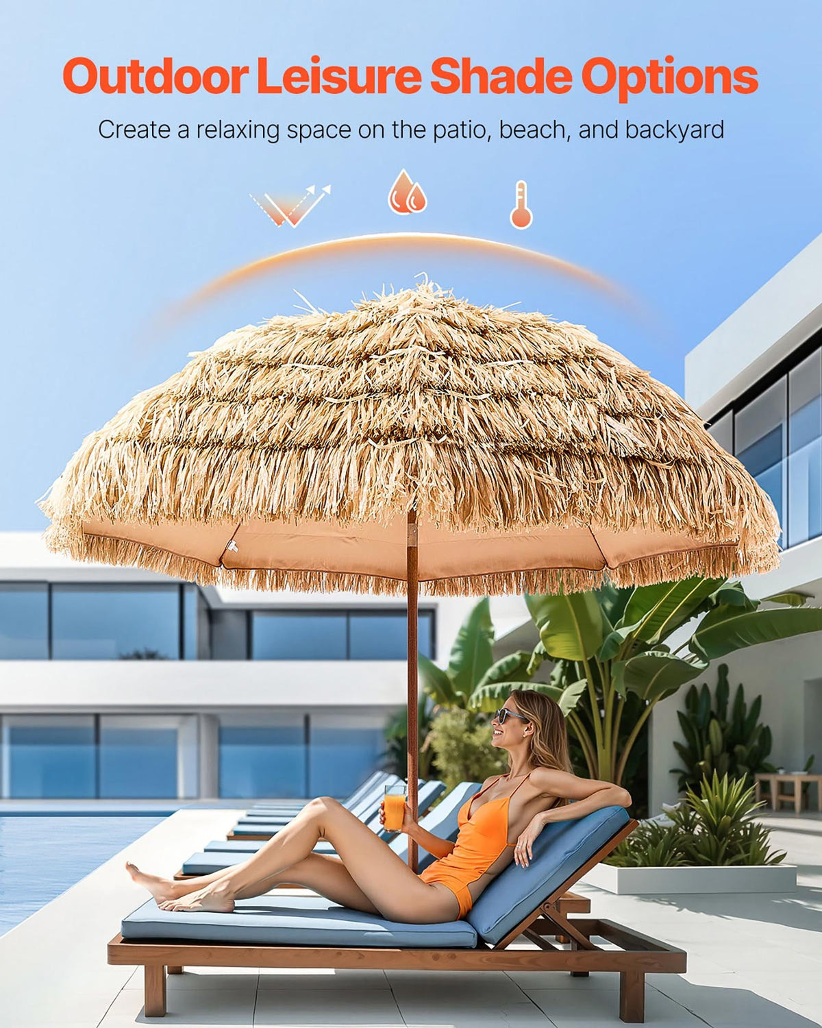 VEVOR Tiki Umbrella, 8 ft Thatched Patio Umbrella with Tilt, Hawaiian Style Beach Parasol with Durable PP Thatch and 8 Metal Ribs, Grass Pool Umbrellas for Beach, Patio, Poolside, Backyard & Garden - DCS8FTKQXJD0RL2PX001V0 - view 3
