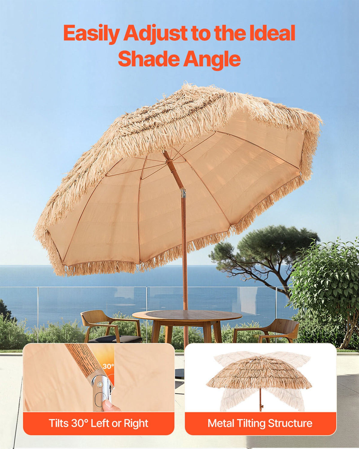 VEVOR Tiki Umbrella, 8 ft Thatched Patio Umbrella with Tilt, Hawaiian Style Beach Parasol with Durable PP Thatch and 8 Metal Ribs, Grass Pool Umbrellas for Beach, Patio, Poolside, Backyard & Garden - DCS8FTKQXJD0RL2PX001V0 - view 5