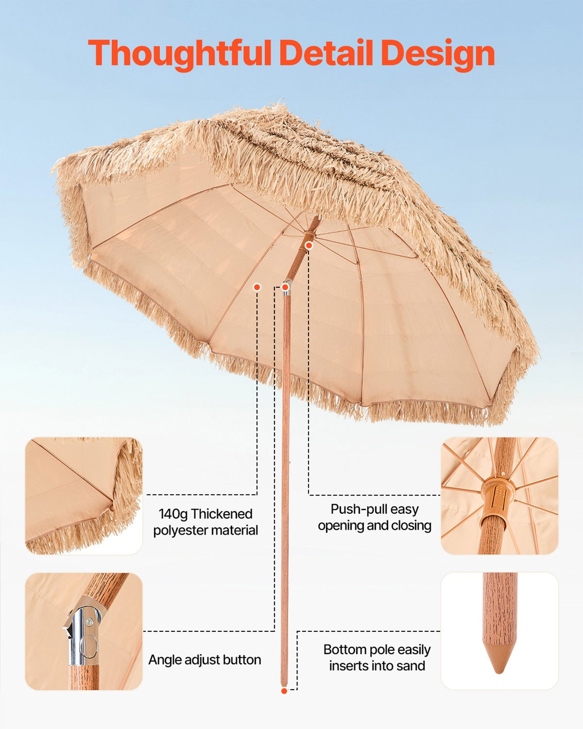 VEVOR Tiki Umbrella, 8 ft Thatched Patio Umbrella with Tilt, Hawaiian Style Beach Parasol with Durable PP Thatch and 8 Metal Ribs, Grass Pool Umbrellas for Beach, Patio, Poolside, Backyard & Garden - DCS8FTKQXJD0RL2PX001V0 - view 8