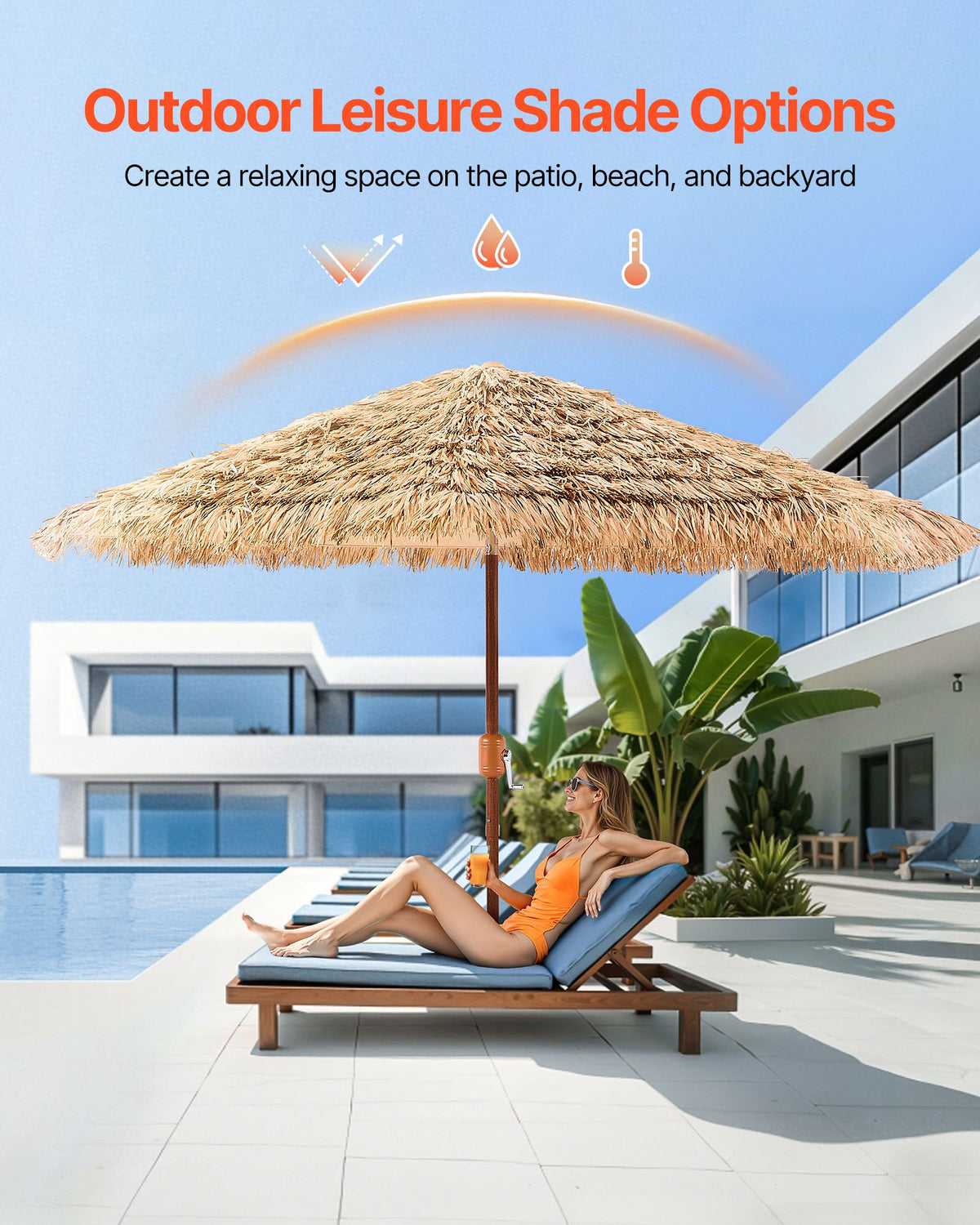 VEVOR Tiki Umbrella, 9 ft Thatched Patio Umbrella with Tilt, Hawaiian Style Beach Parasol with Durable PP Thatch and 8 Metal Ribs, Grass Pool Umbrellas for Beach, Patio, Poolside, Backyard & Garden - DCS9FTKQXJD047FKS001V0 - view 3