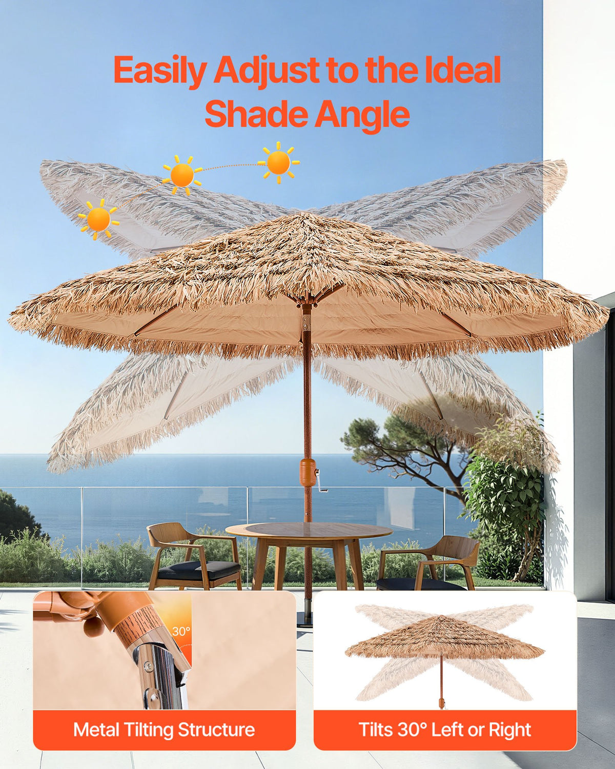 VEVOR Tiki Umbrella, 9 ft Thatched Patio Umbrella with Tilt, Hawaiian Style Beach Parasol with Durable PP Thatch and 8 Metal Ribs, Grass Pool Umbrellas for Beach, Patio, Poolside, Backyard & Garden - DCS9FTKQXJD047FKS001V0 - view 5