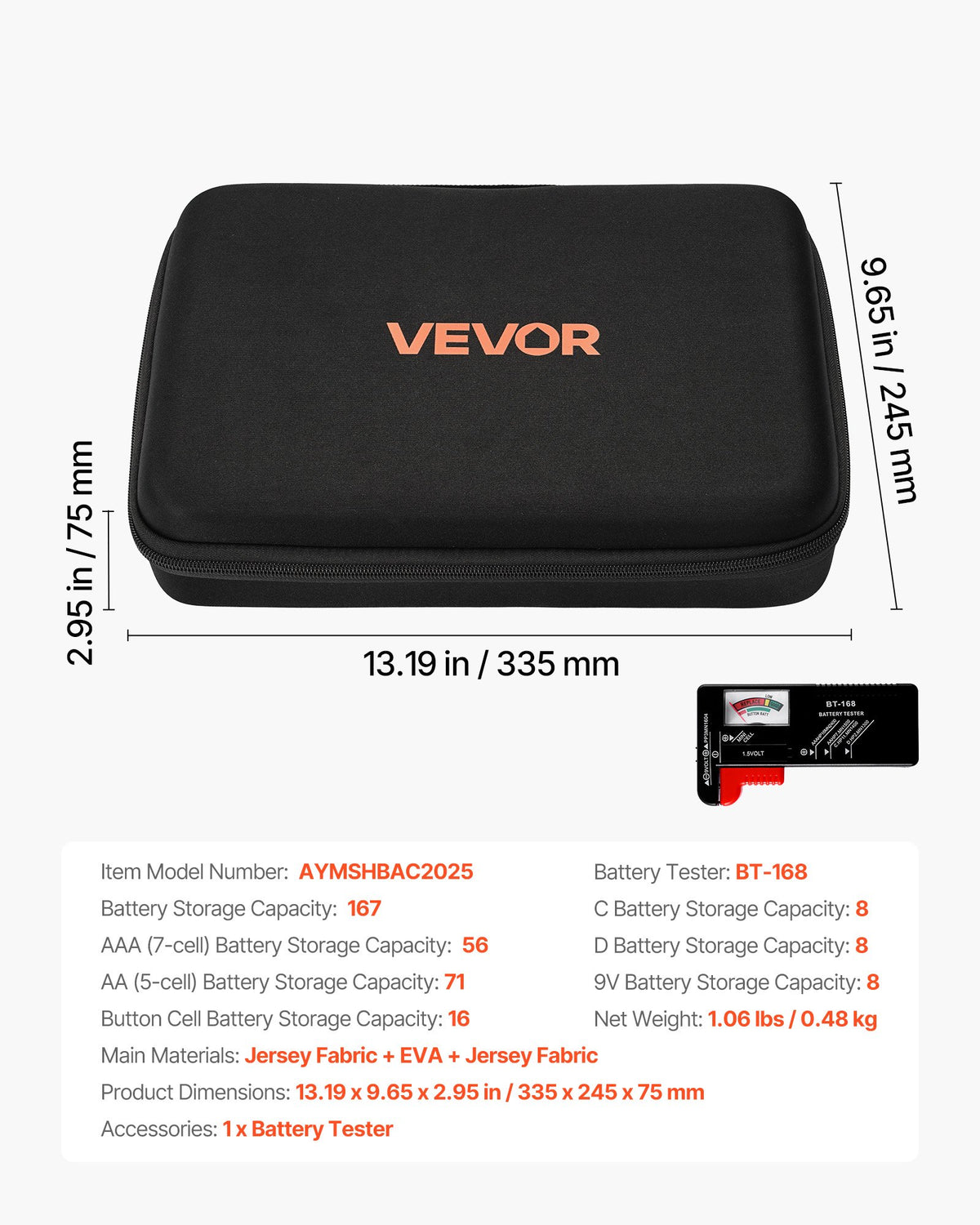VEVOR Battery Organizer Storage Box, Battery Case Bag with Tester BT-168, Waterproof Batteries Organizer Storage Case with Zipper, Holds 167 Batteries AA AAA C D 9V Button, Black (Box Only) - DCSNHRBKDCSNQLDXD001V9 - view 8