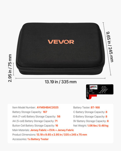VEVOR Battery Organizer Storage Box, Battery Case Bag with Tester BT-168, Waterproof Batteries Organizer Storage Case with Zipper, Holds 167 Batteries AA AAA C D 9V Button, Black (Box Only) - DCSNHRBKDCSNQLDXD001V9 - view 8